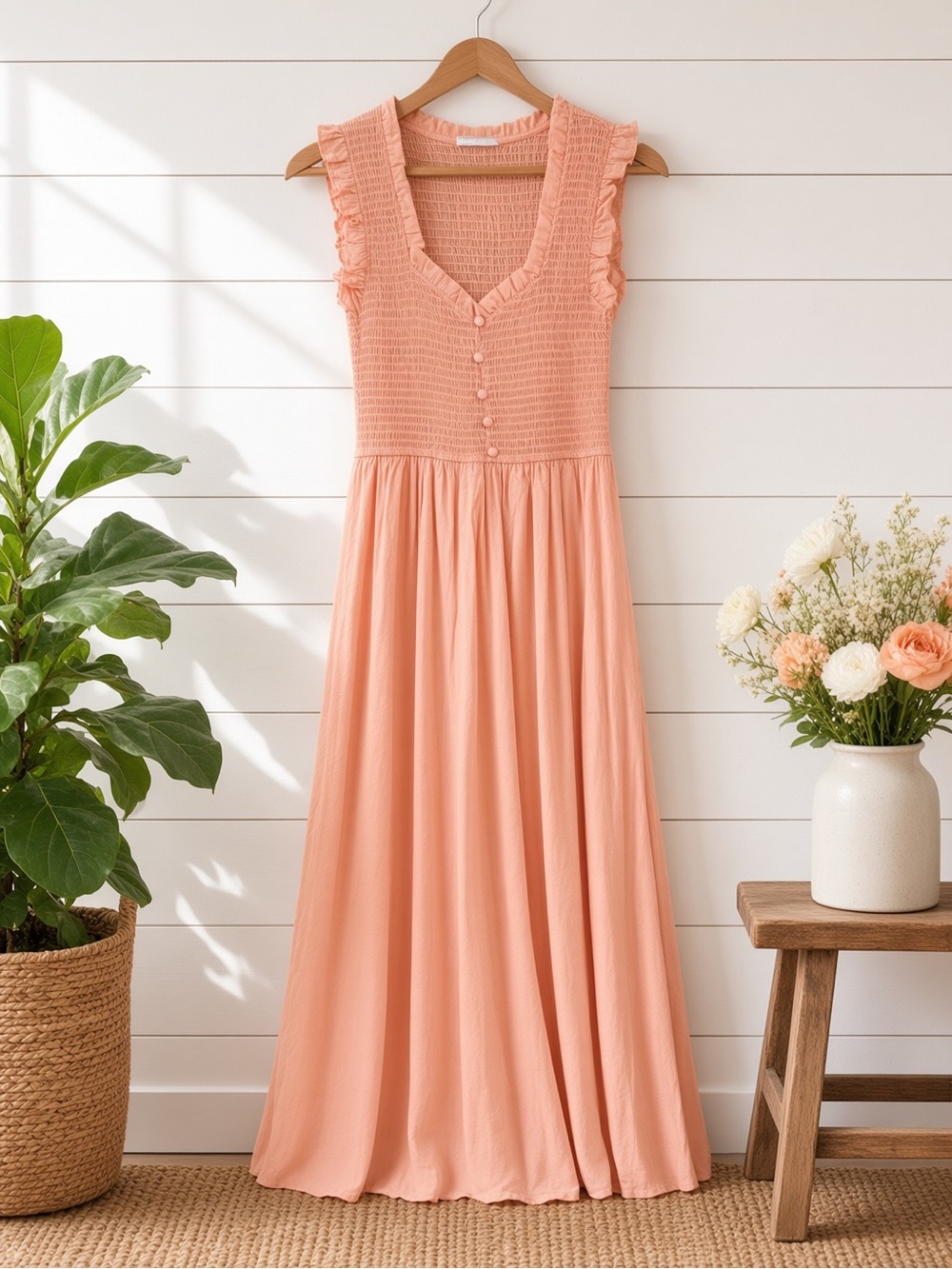 Soft Peach Smocked Bodice Midi Dress Ruffle Sleeves | Sizes S & L